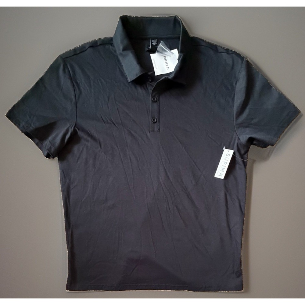 New Forever 21 Short Sleeve Polo Shirt Solid Black Pima Cotton Medium NWT JBHS